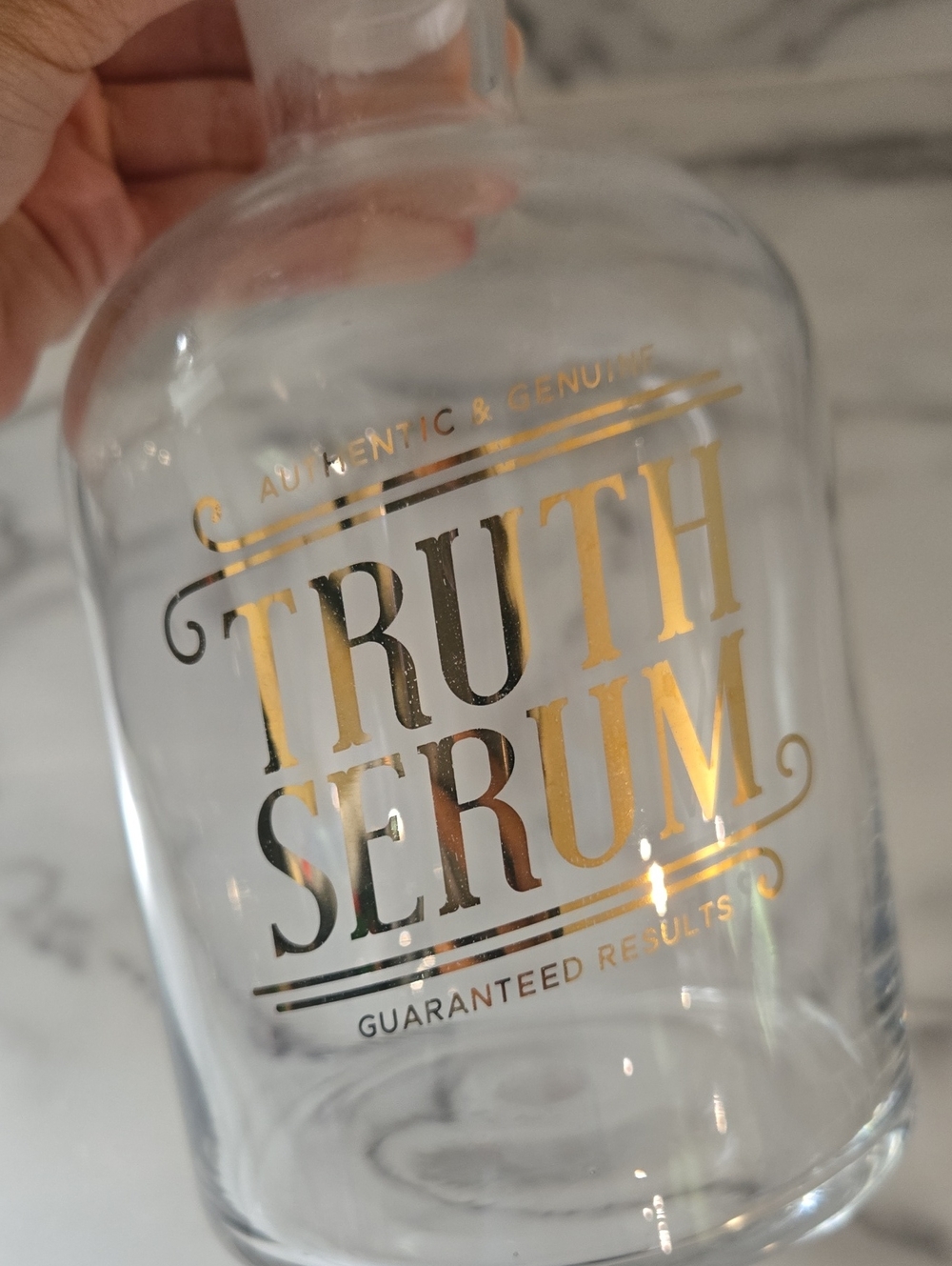 Clear Glass Apothecary Bottle with Gold 'Truth Serum' Lettering decanter